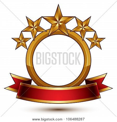 Majestic Vector Golden Ring Isolated On White Background, 3D Polished Five Golden Stars. Heraldic Br