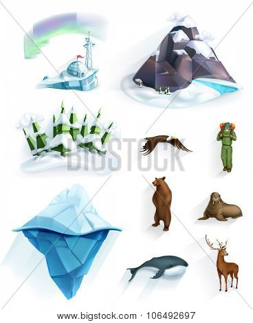 Polar nature, winter wonderland, low poly style icon set