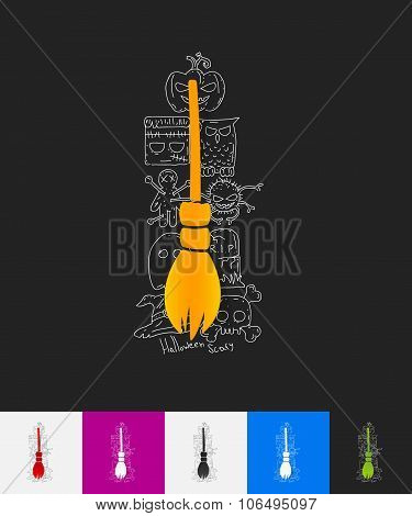 witch broom paper sticker with hand drawn elements