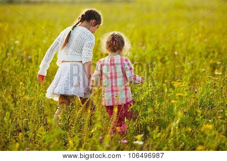 Little Girls Are Walking Among The Wildflowers