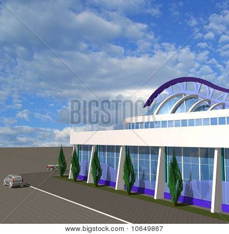 3D skiss av modern byggnad