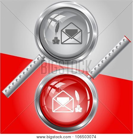 mail with feather and inkstandn . Raster magnifying glass.