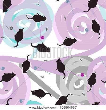 Seamless pattern of cats, mice and balls