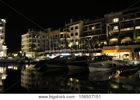 Evening embankment with reflection in Porto Montenegro.