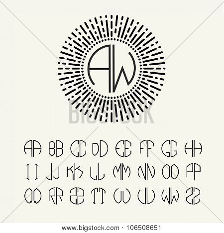 Set  template letters to create monograms of two letters in scribed in a circle in Art Nouveau style
