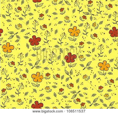 Floral yellow seamless background with red and orange flowers