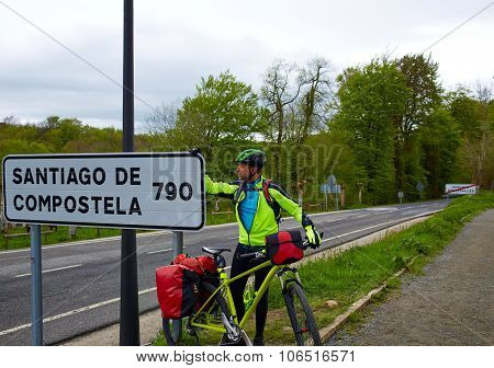 Roncesvalles begin of Way of Sain James biking sign of 790 km to Santiago