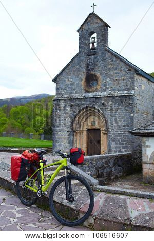 Roncesvalles begin of Way of Sain James biking in Navarra Pyrenees