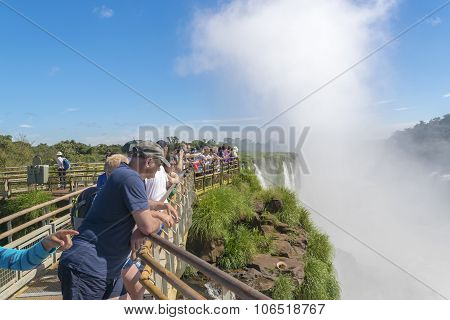 Tourists At Iguazu Falls Devil Throat Argentinian Border