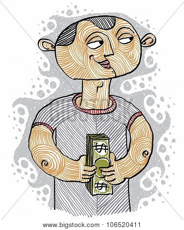 Colorful Vector Illustration Of A Banker, A Person Holding A Bundle Of Money. Money Maker Concept, I