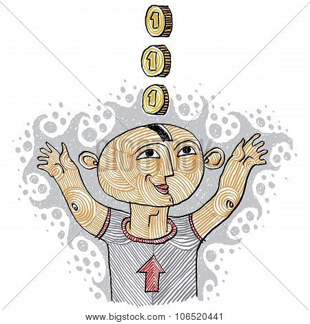 Illustration Of A Man Rising Up His Hands For Money. Finance And Personal Growth Conceptual Picture,