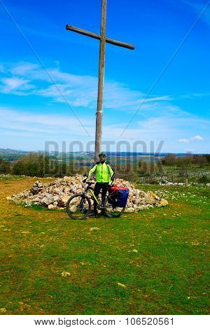 Cruz de Atapuerca cross biking in Saint James Way Castilla near Burgos