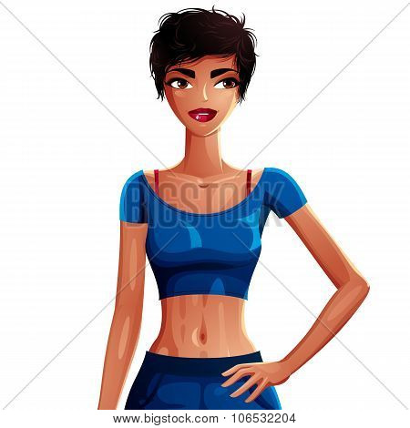 Sexy Woman Holding Her Hand On A Waist, Upper Body Portrait. Gorgeous Lady With A Stylish M