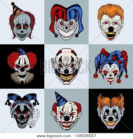 Set of nine images with painted fantastic scary clown.