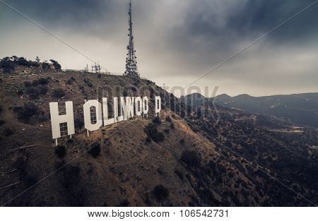 LOS ANGELES - October 2015: Hollywood Sign aerial view on a gloomy day.