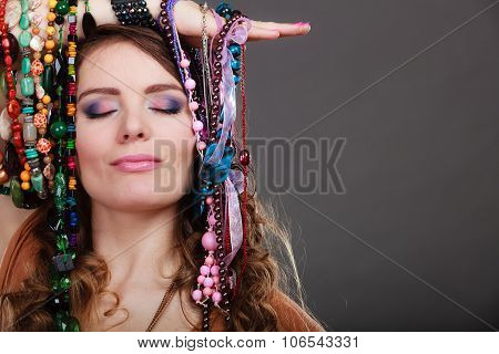 Pretty Woman With Jewelry Necklaces Bracelets