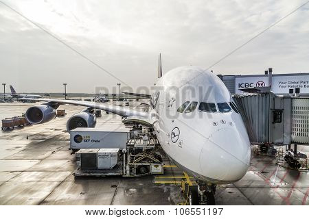 Lufthansa Airbus A380 At The Gate Of The Frankfurt Airport