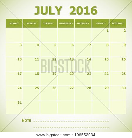 Calendar July 2016 Week Starts Sunday