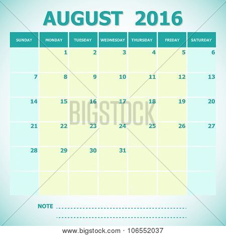 Calendar August 2016 Week Starts Sunday