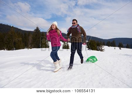 romantic winter  scene, happy young couple having fun on fresh show on winter vacatio, mountain nature landscape