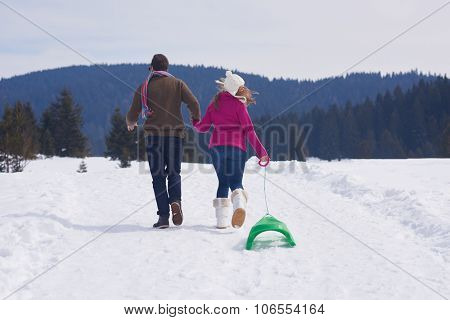 romantic winter  scene, happy young couple having fun on fresh show on winter vacatio, mountain nature landscape