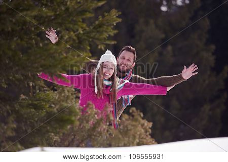portrait of happy young romantic tourist  couple outdoor in nature at winter vacation
