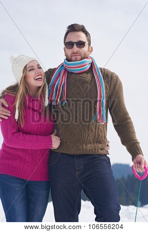 portrait of happy young romantic tourist  couple outdoor in nature at winter vacation