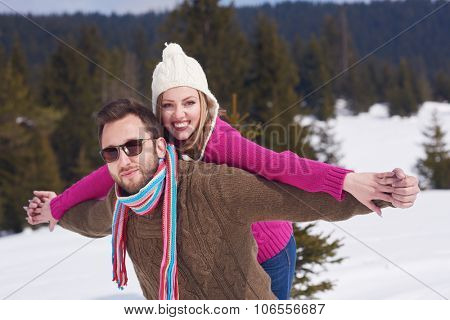 portrait of happy young romantic tourist  couple outdoor in nature at winter vacation