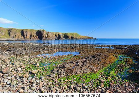 Beautiful Landscape Of Hill And Rock At Dunnottar Castle Area, Aberdeen Scotland, Uk