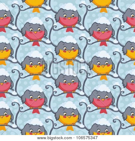 Bird tomtit and bullfinch vector seamless pattern.