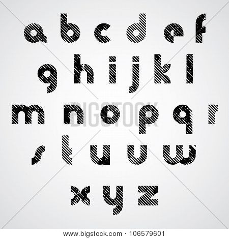 Grunge Black Striped Lower Case Letters, Decorative Hand Drawn Font.