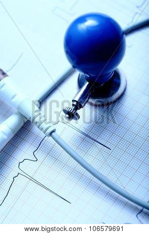 Ecg Chart, Electrode And The Cable On The Desktop Of Doctor