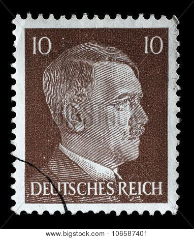 GERMAN REICH - CIRCA 1942: A stamp printed in Germany shows the image of Adolf Hitler, series 1942
