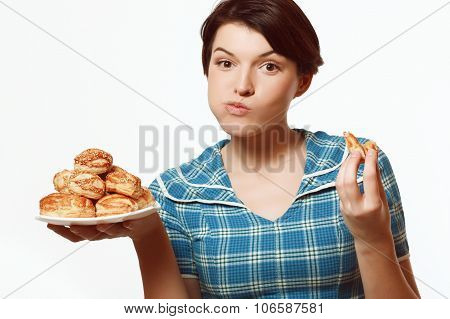 Beautiful Girl With A Plate Of Bakery Products, Diet, Calories