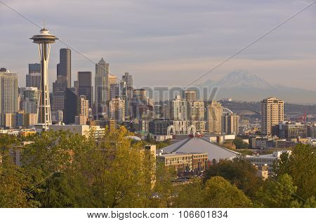 Seattle Skyline At Sunset Washington State.