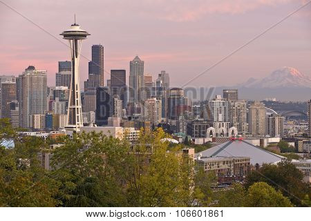 Seattle Skyline At Sunset Washington State.