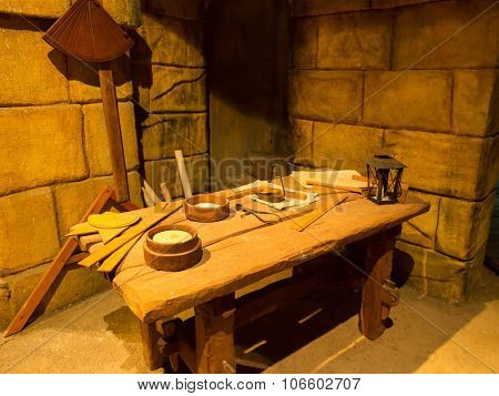 Table with building eguipment in the basement