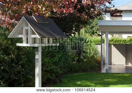 small modern birdhouse in a garden of an house