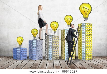 A Woman In Formal Clothes Is Going Up Using A Stairs Which Are Made Of Houses With Lightbulbs, While