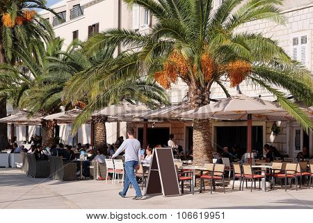 Tivat, Montenegro , October, 25, 2015: Cafe on the seashore in Tivat, Montenegro