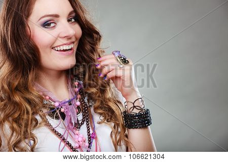 Happy Woman With Jewelry Necklaces Ring Bracelets