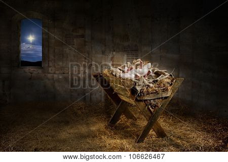Jesus resting on a manger while light from the star filters into the room