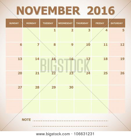 Calendar November 2016 Week Starts Sunday