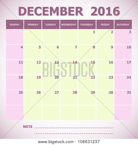 Calendar December 2016 Week Starts Sunday