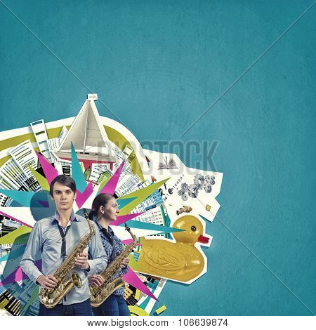 Duet of young man and woman musicians playing saxophones