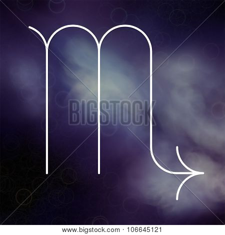Zodiac Signs. Scorpio. White Thin Line Astrological Symbols On Blurry Colorful Background.