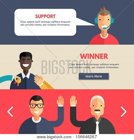 Set Of Flat Design Concepts For Web Banners And Promotional Materials. Technical Support, Winner, Pa