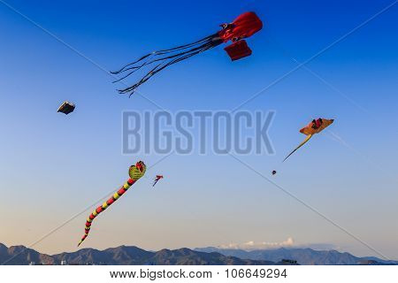 Colorful Kites Of Different Shape In Azure Sky In Vietnam