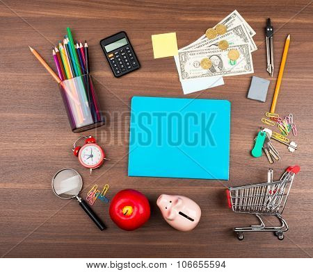 Shopping cart with blue copybook