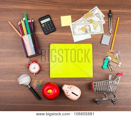 Shopping cart with green copybook